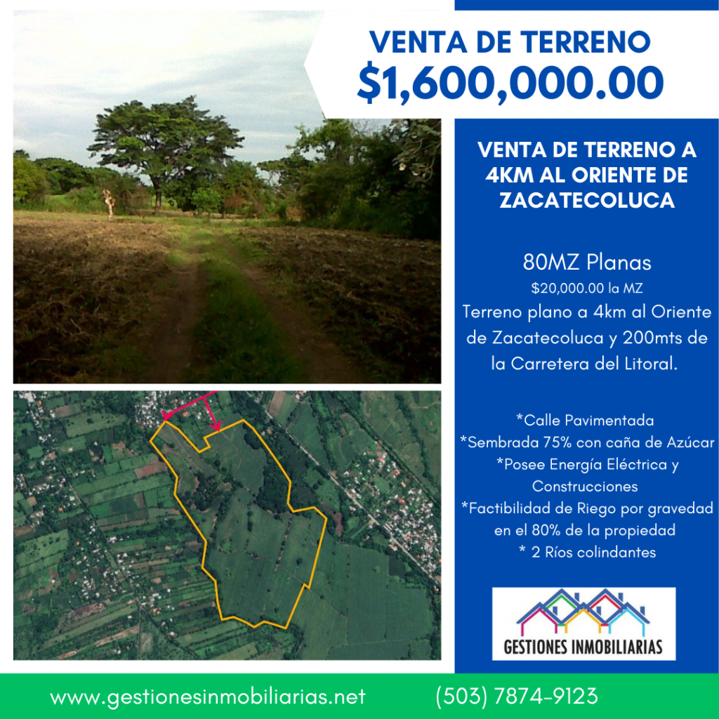 VENTA DE TERRENO PLANO A 4KMS AL ORIENTE DE ZACATECOLUCA